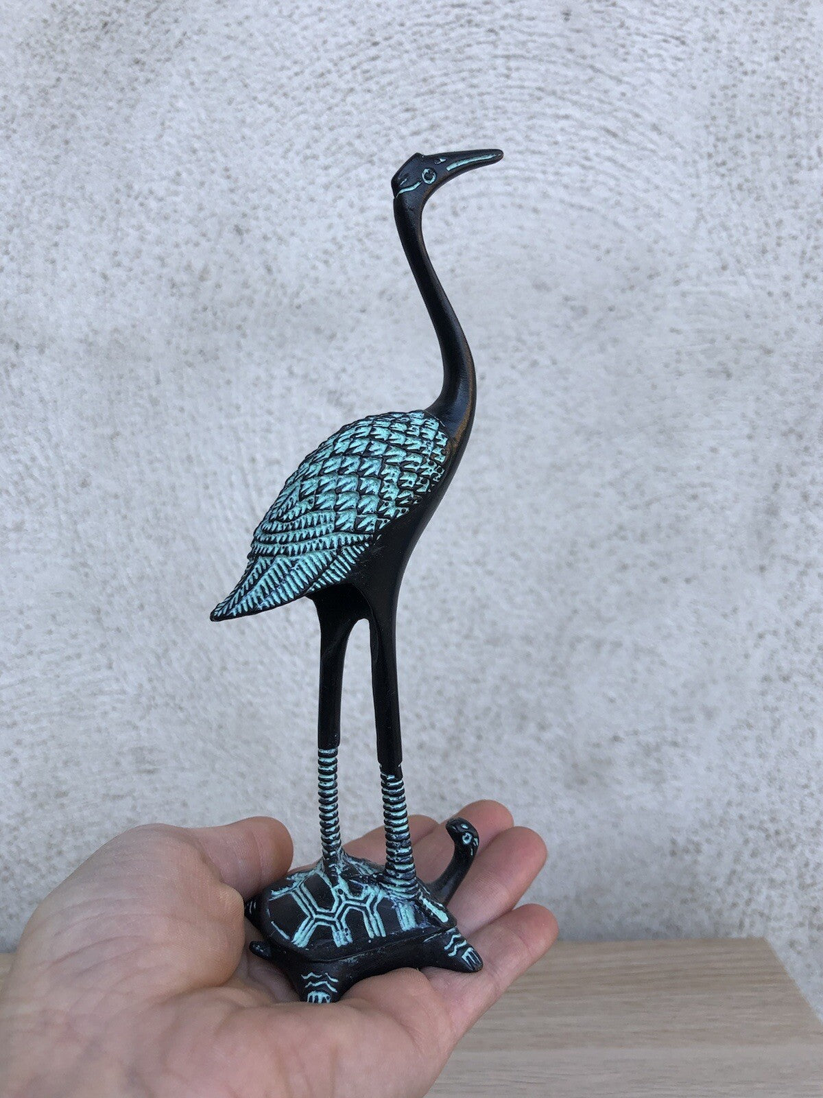 Scultura Vintage Airone Su Tartaruga In Bronzo Cinese