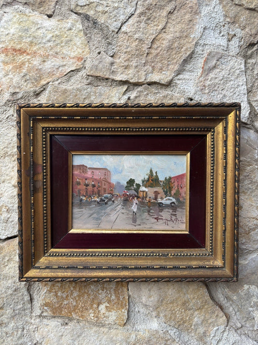Quadro miniatura -Strada Con Figure- dipinto a olio su tavoletta