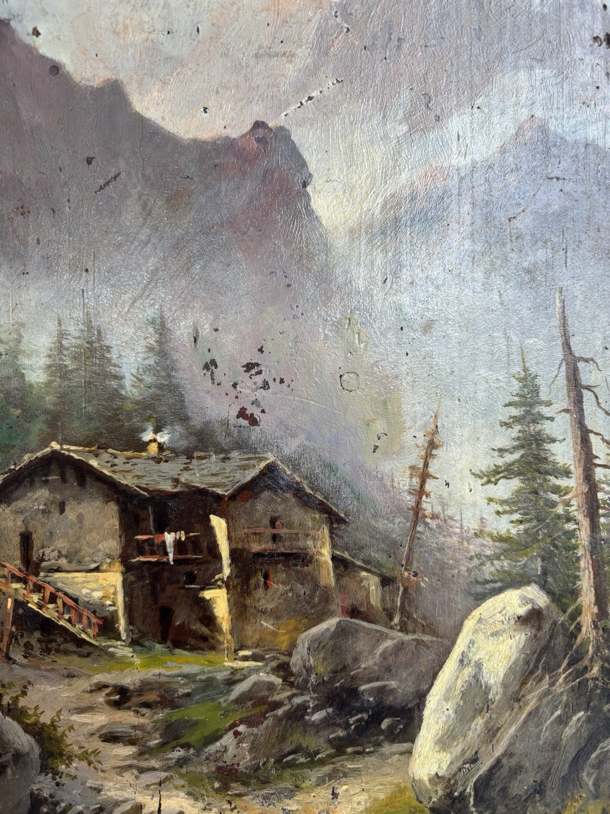 Quadro antico -Paesaggio Alpino- dipinto a olio su tavola
