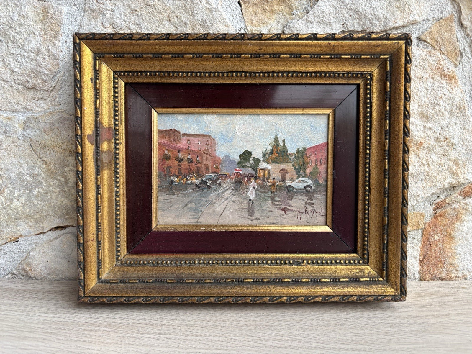 Quadro miniatura -Strada Con Figure- dipinto a olio su tavoletta