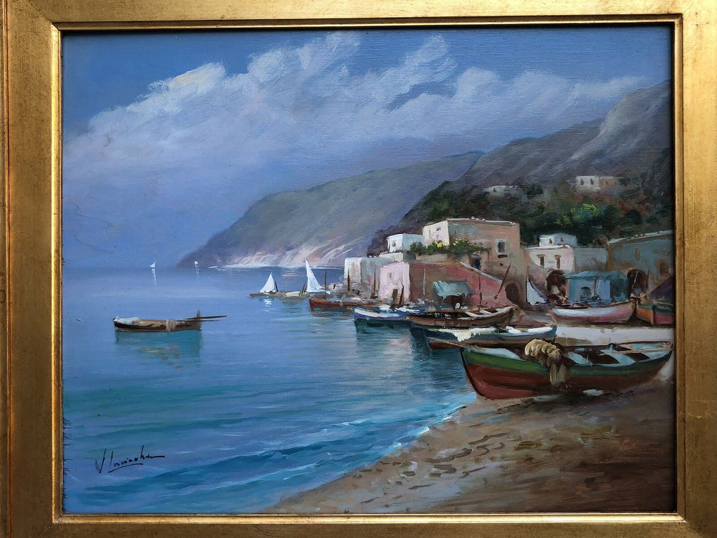 Quadro vintage -Marina Con Barche- dipinto a olio