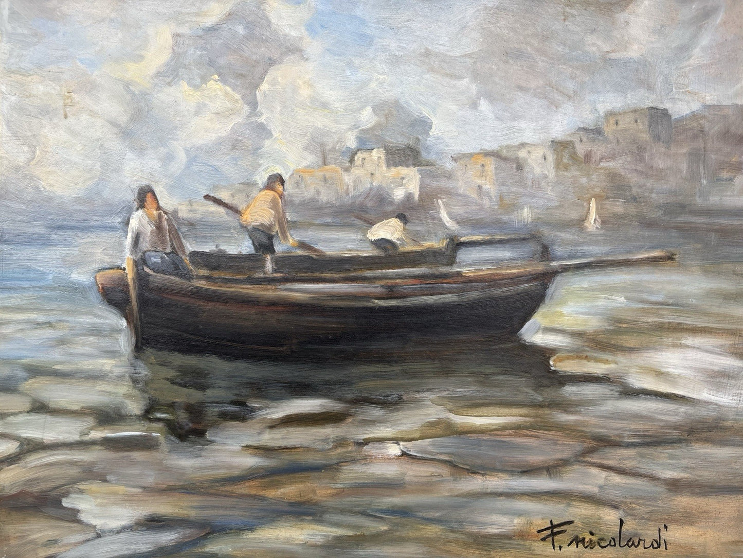 Quadro -Marina Con Barca- Francesco Nicolardi- dipinto a olio su masonite