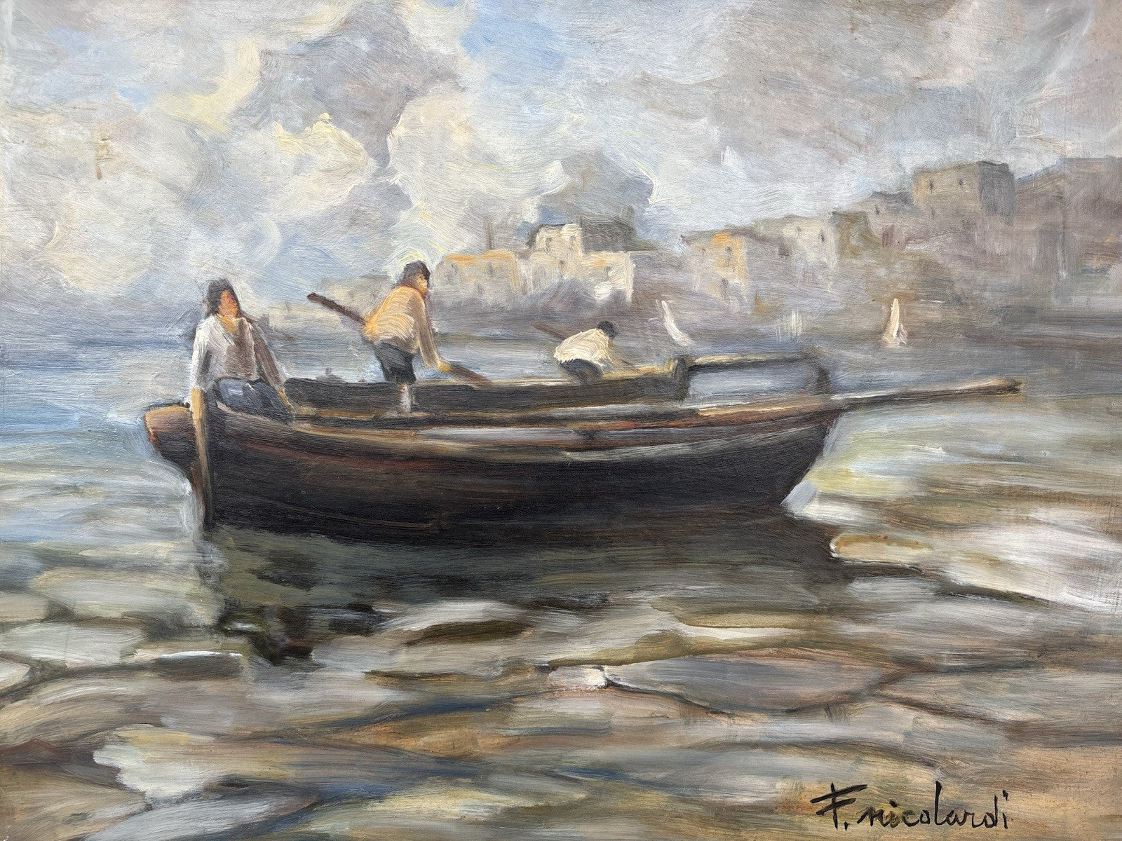 Quadro -Marina Con Barca- Francesco Nicolardi- dipinto a olio su masonite