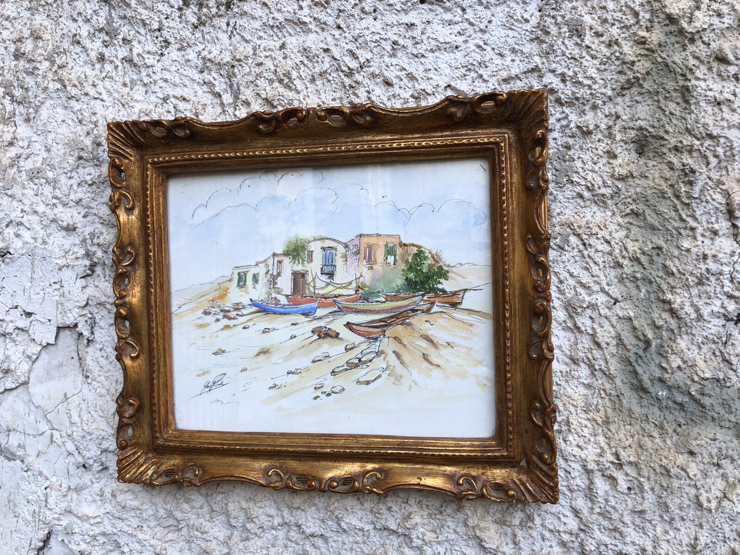 QUADRO VINTAGE-PAESAGGIO CON BARCHE-DIPINTO AD ACQUERELLO SU CARTA