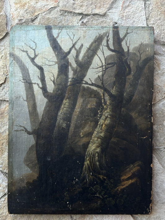 Quadro antico -Paesaggio Con Alberi- dipinto a olio su tavola