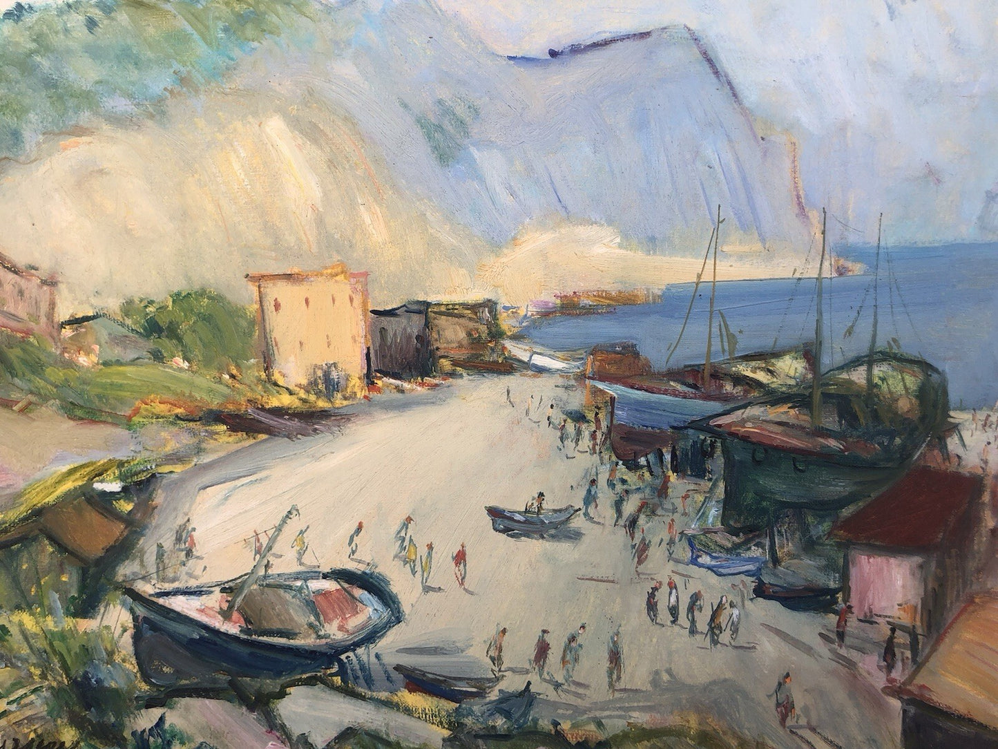 Quadro vintage -Porto Con Barche- dipinto a olio su tela