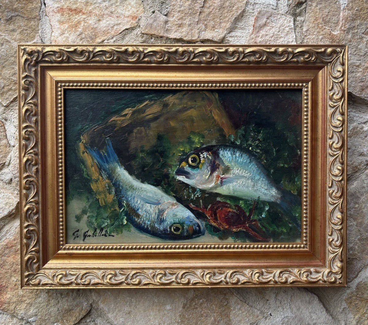 Quadro -Pesci- dipinto a olio su tavoletta