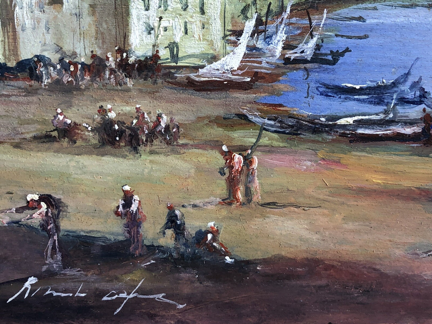 Quadro vintage -Marina Con Figure- dipinto a olio su tavoletta
