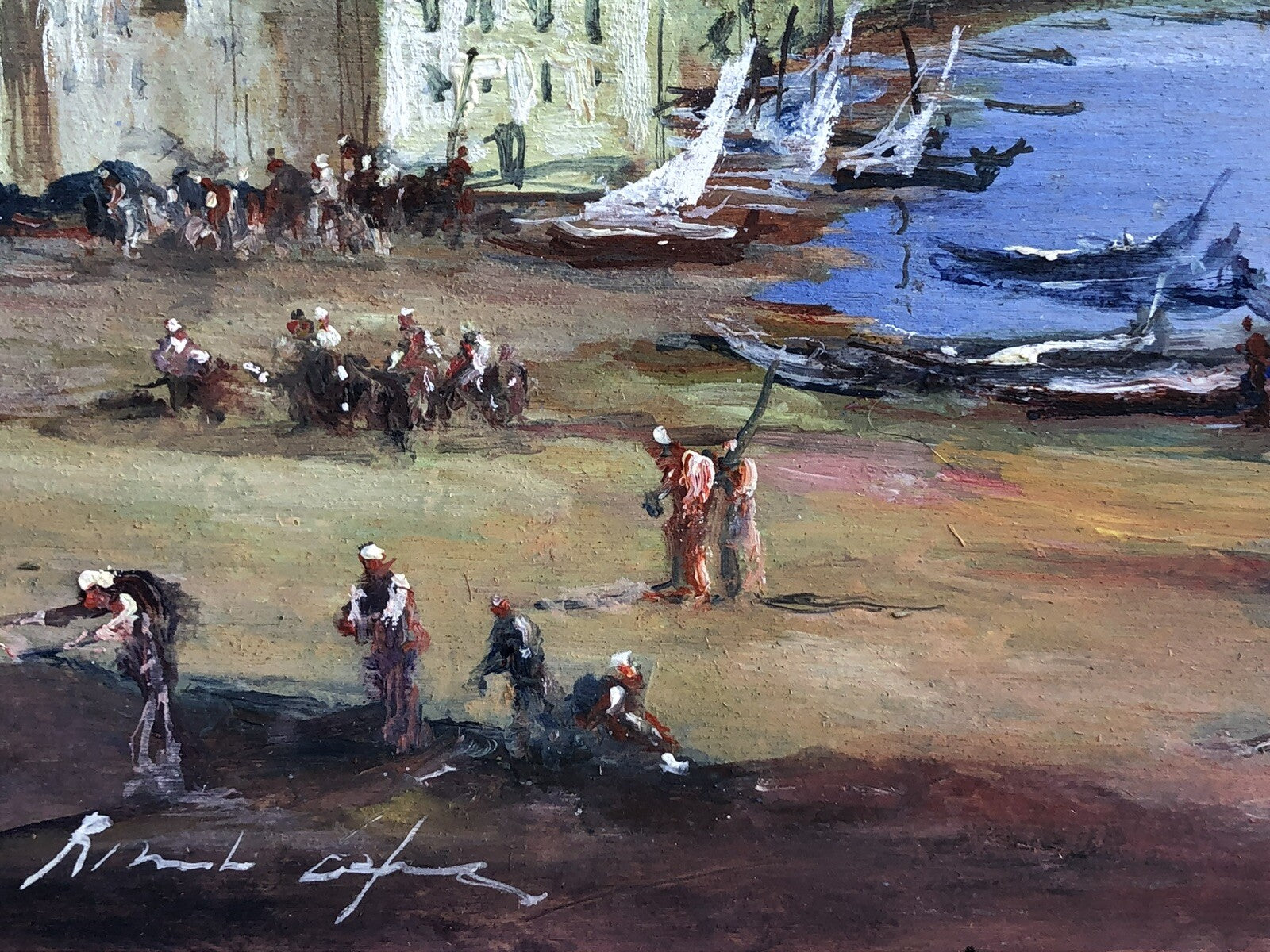 Quadro vintage -Marina Con Figure- dipinto a olio su tavoletta