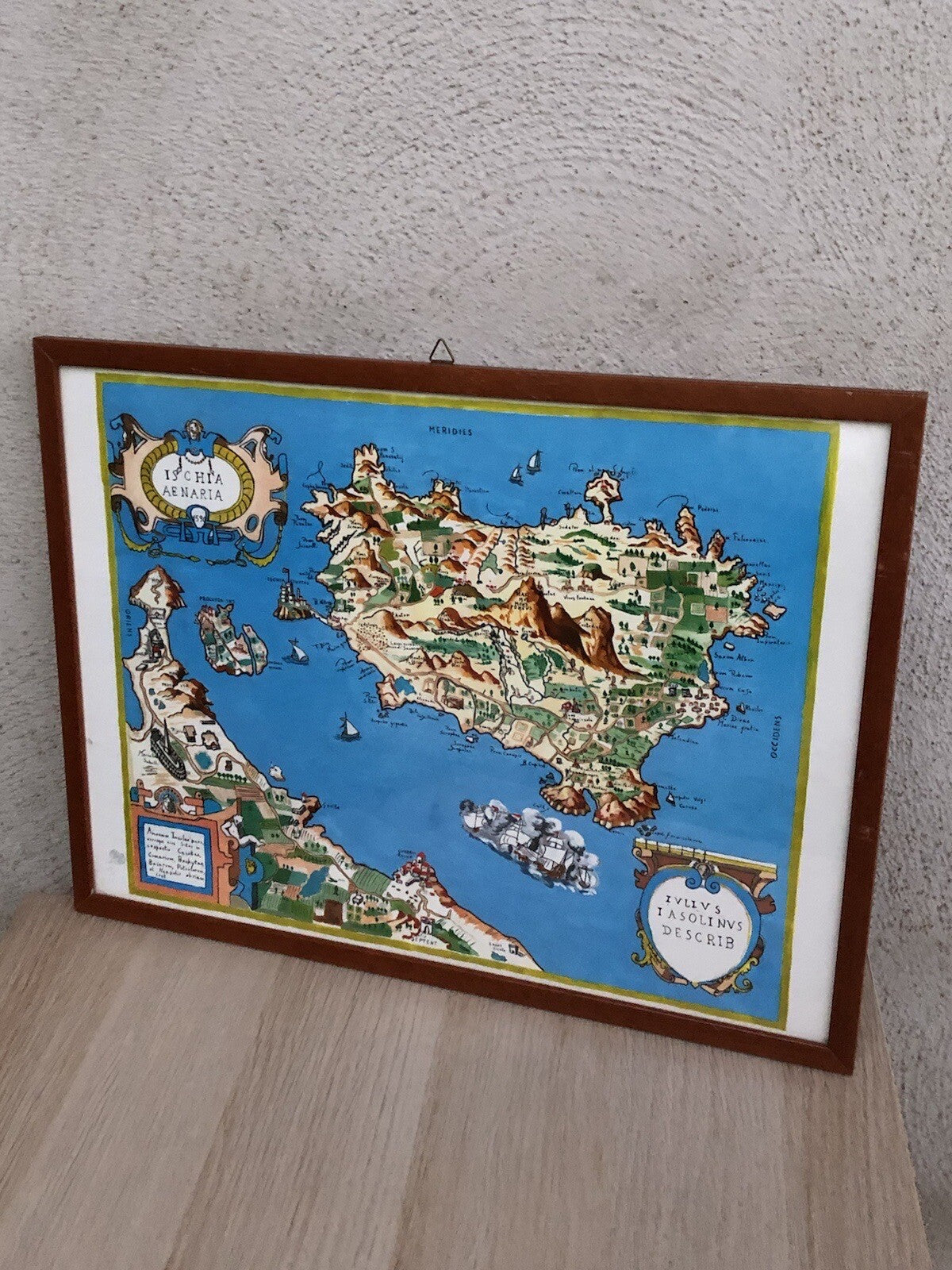 Mappa Vintage -Ischia Aenaria Antica- Dipinta Ad Acquerello E Tempera Su Carta