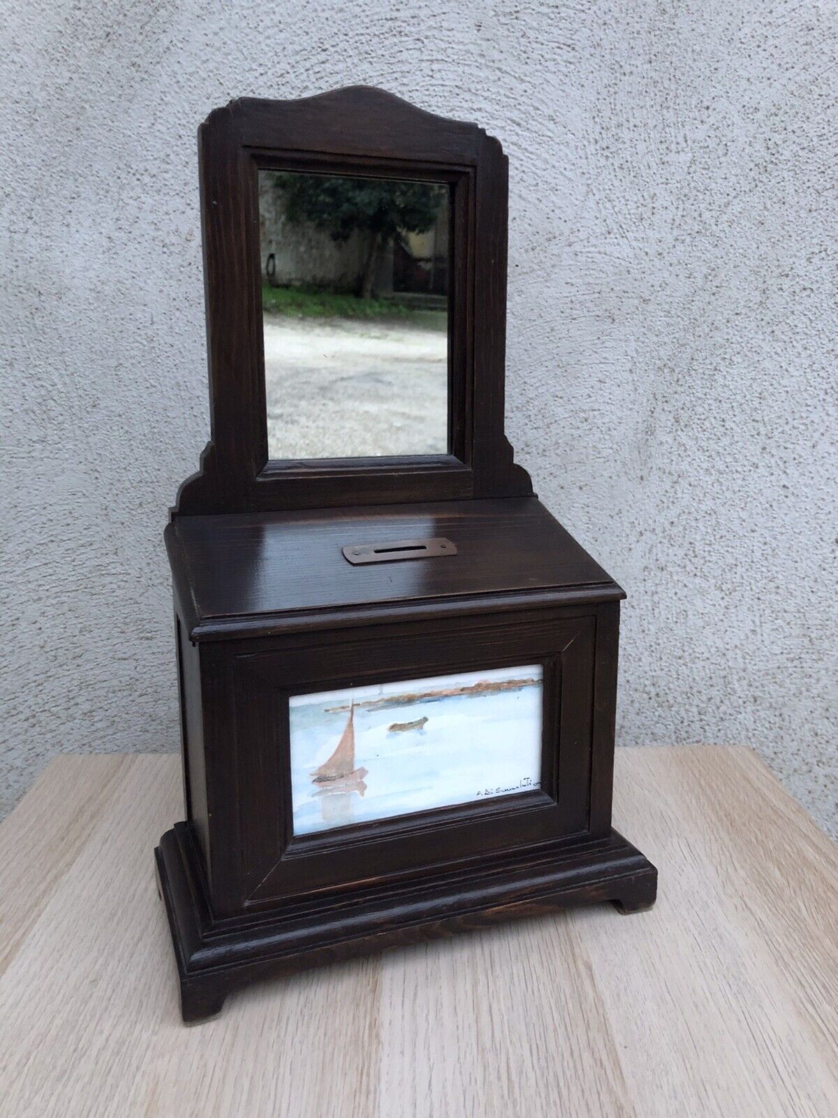 Specchiera in legno vintage con dipinto su cartoncino