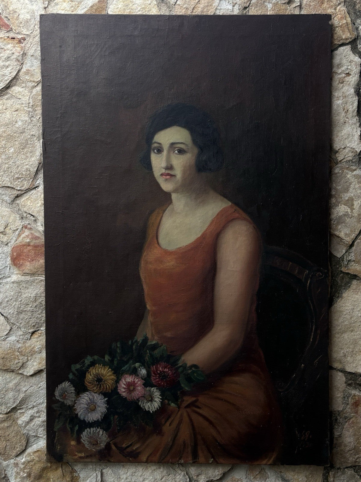 Grande quadro antico -Ritratto Di Donna- dipinto a olio su tela