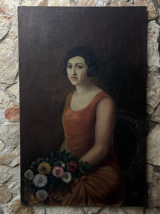 Grande quadro antico -Ritratto Di Donna- dipinto a olio su tela