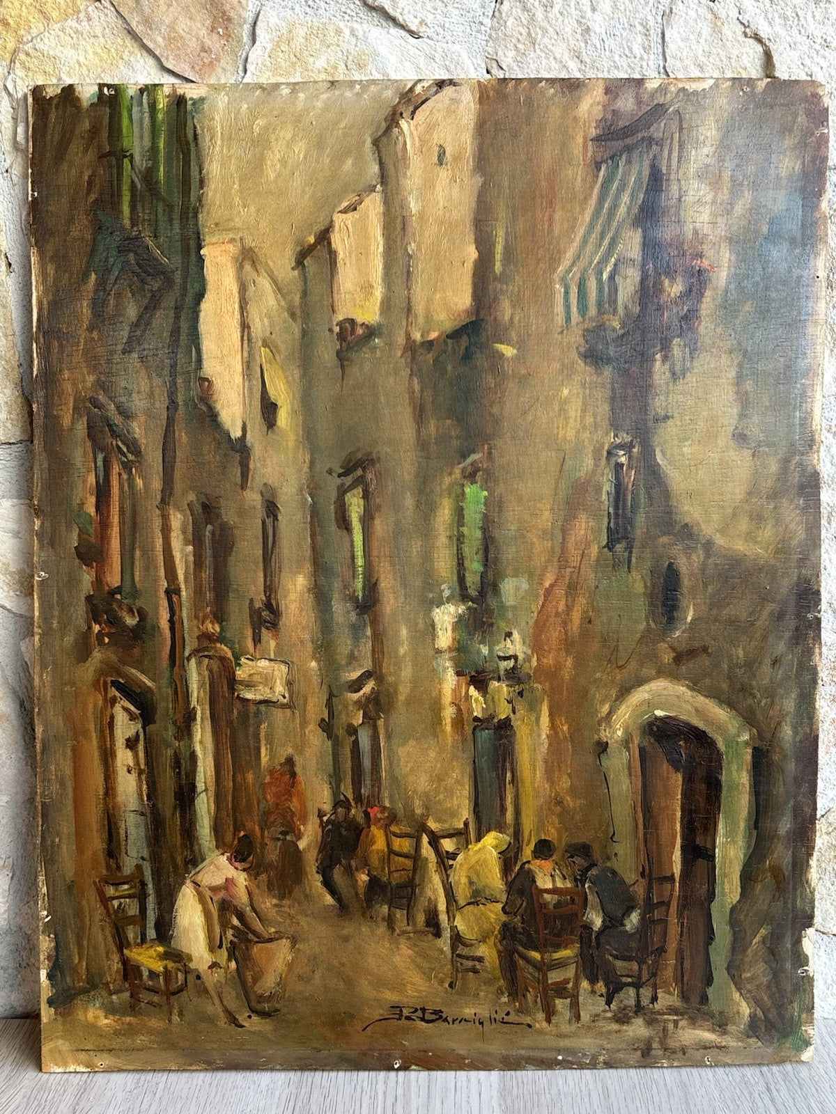 Quadro -Vicolo Con Figure- Raffaele Barscigliè dipinto a olio su tavoletta