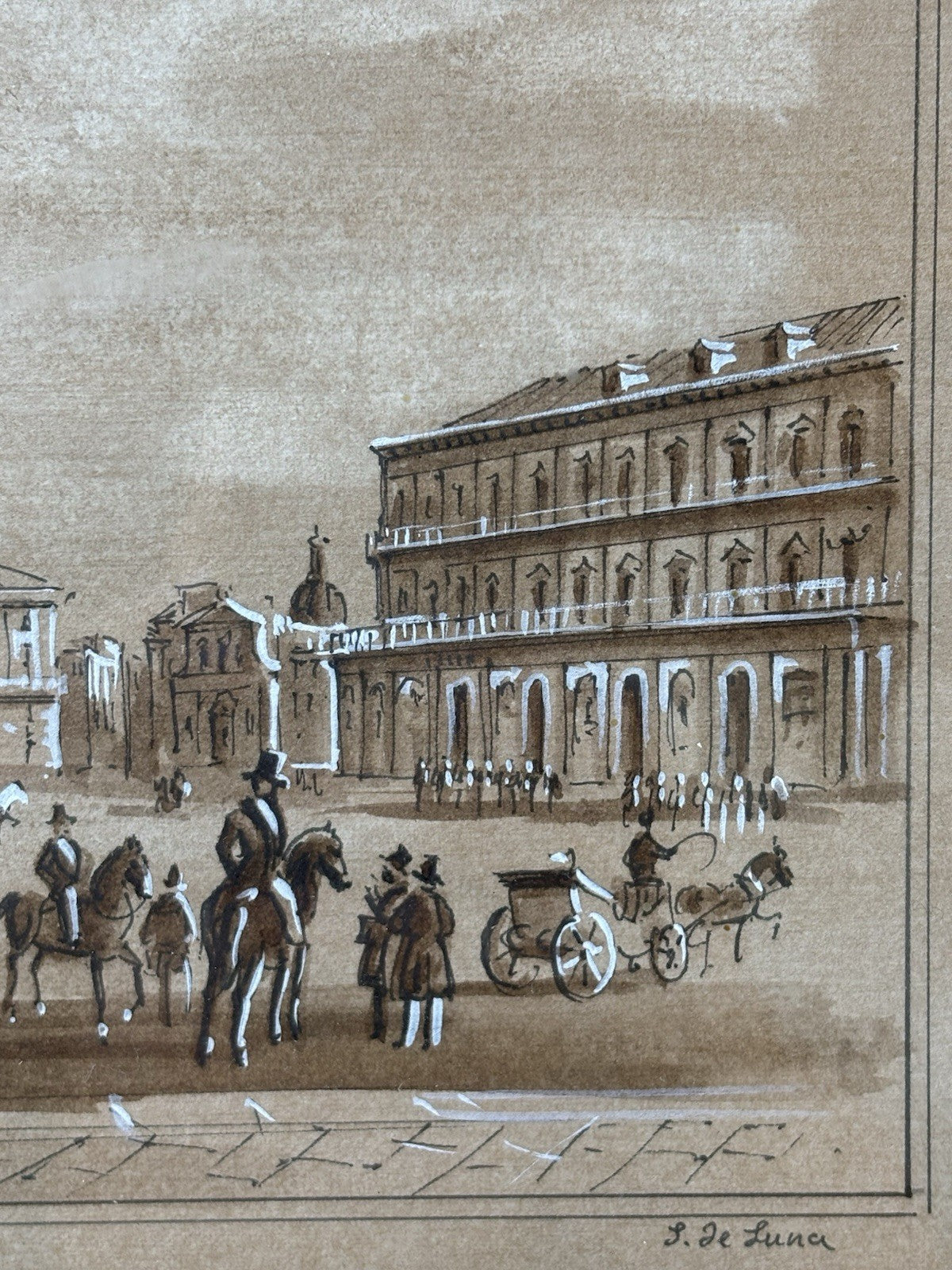 Quadro antico -Napoli, Piazza Plebiscito- realizzato a tecnica mista su carta