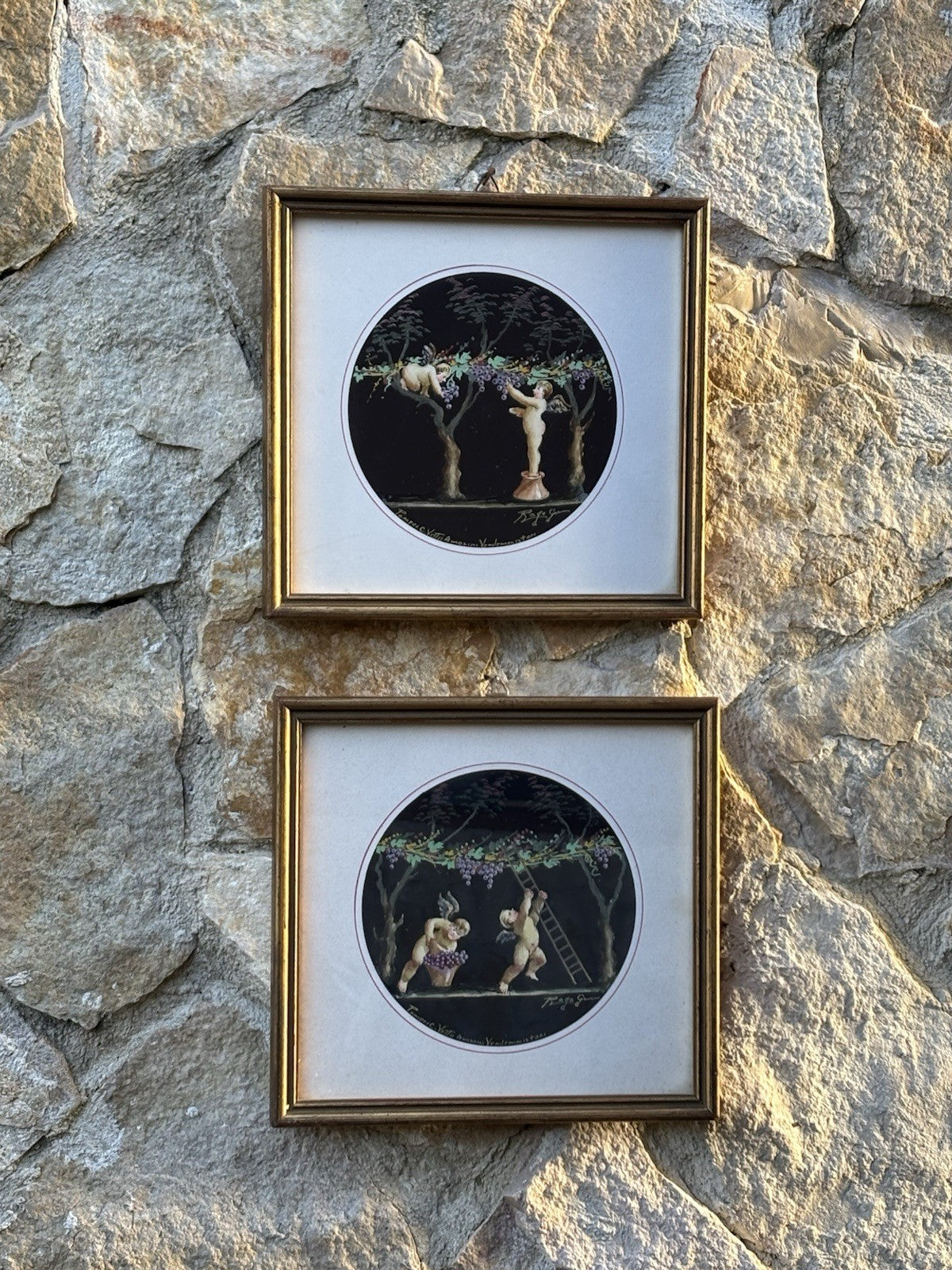 Coppia Di Quadri Vintage -Amorini- Gouache Dipinti A Mano