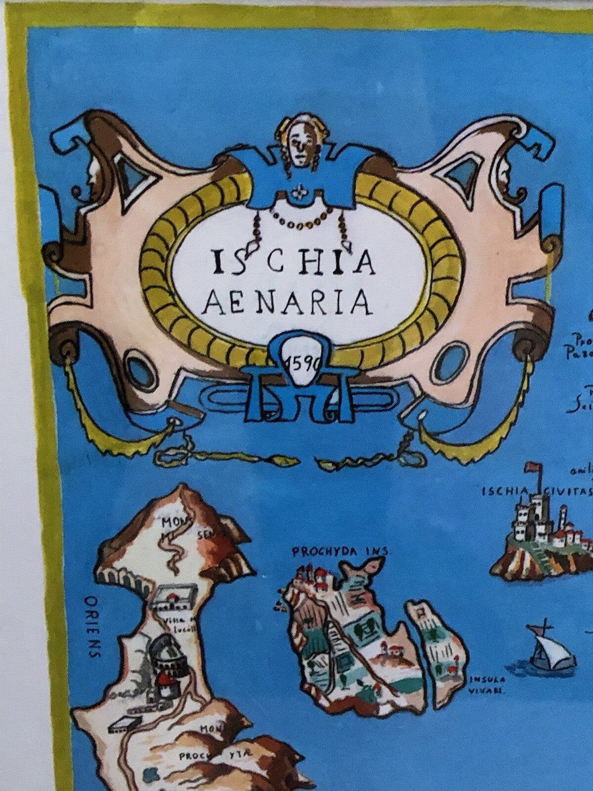 Mappa Vintage -Ischia Aenaria Antica- Dipinta Ad Acquerello E Tempera Su Carta