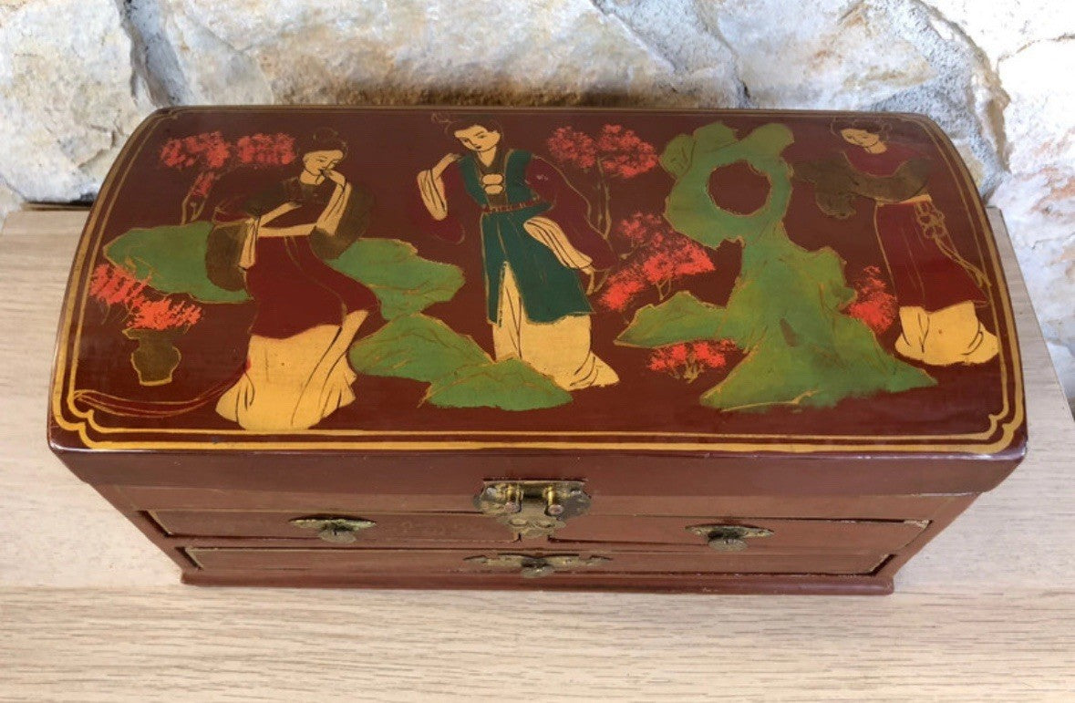 Scatola Orientale Portagioie Vintage In Legno Con Specchio Interno