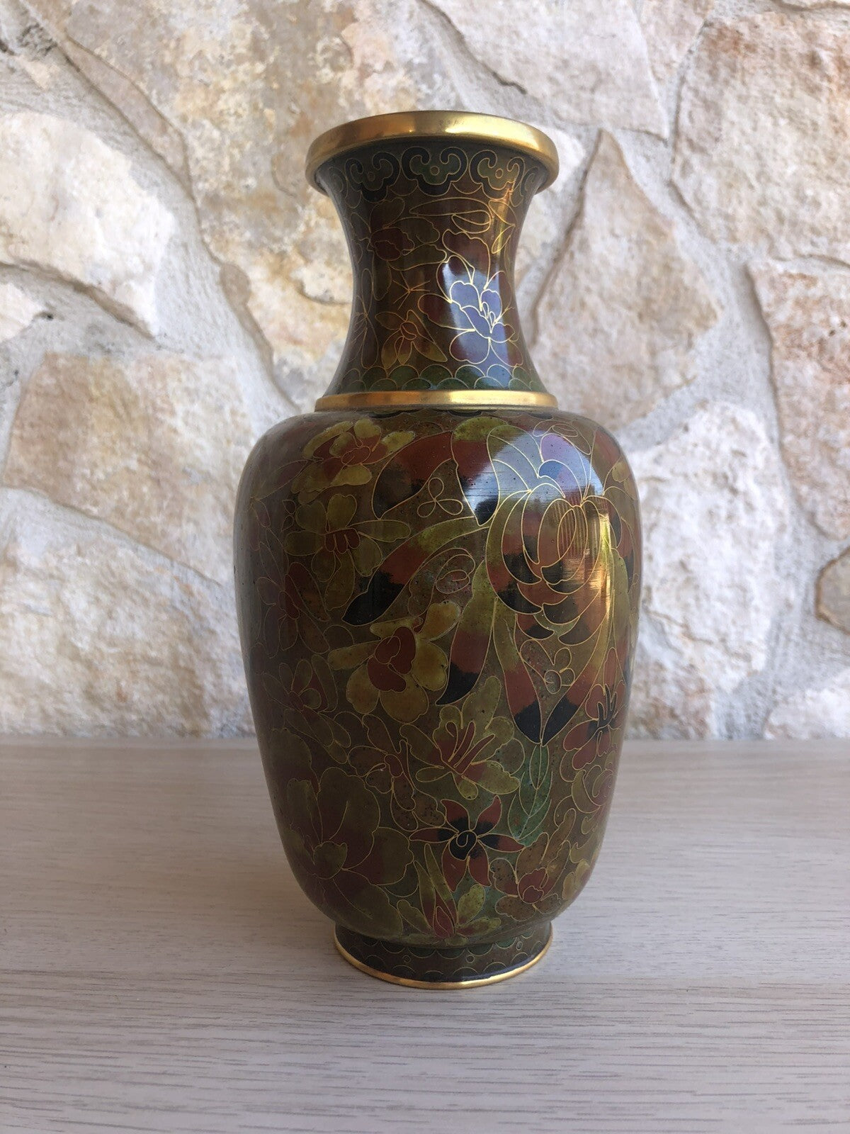 Vaso Vintage In Ottone E Cloisonne Cinese