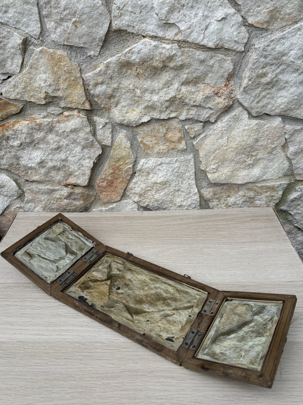 Specchio Trittico Da Barbiere Vintage In Legno Con Vetro Molato