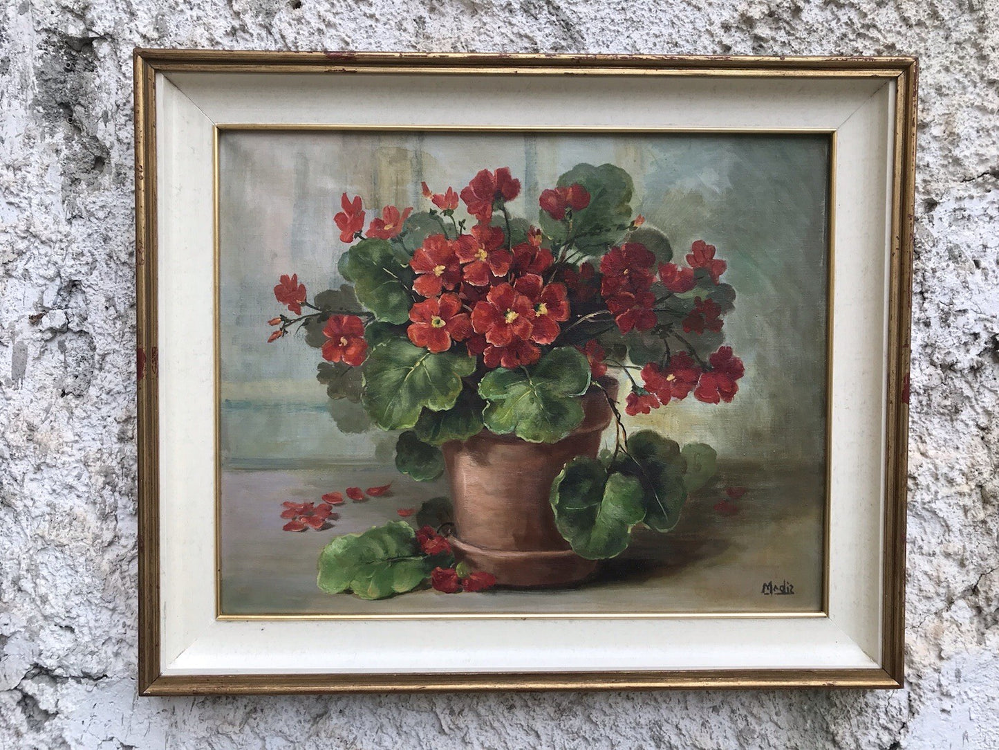 QUADRO VINTAGE -VASO CON GERANI-DIPINTO A OLIO SU TELA