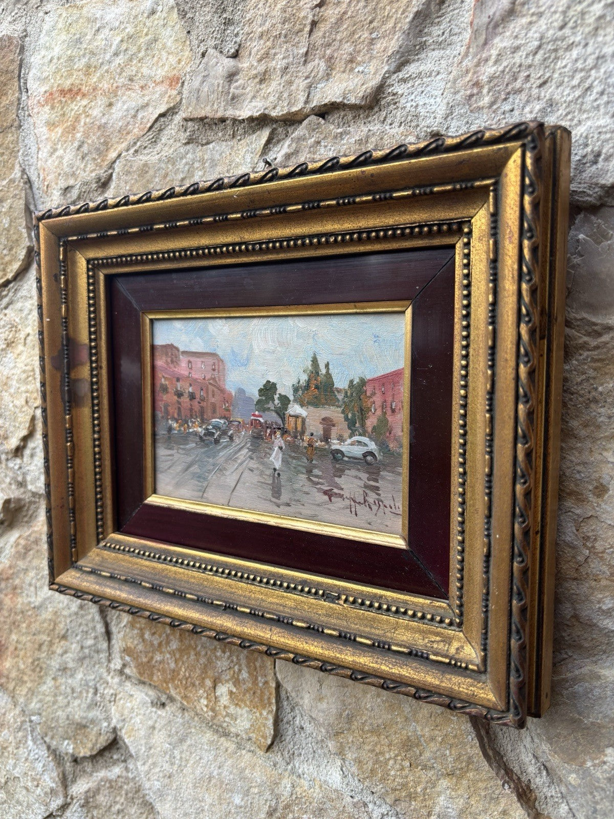 Quadro miniatura -Strada Con Figure- dipinto a olio su tavoletta