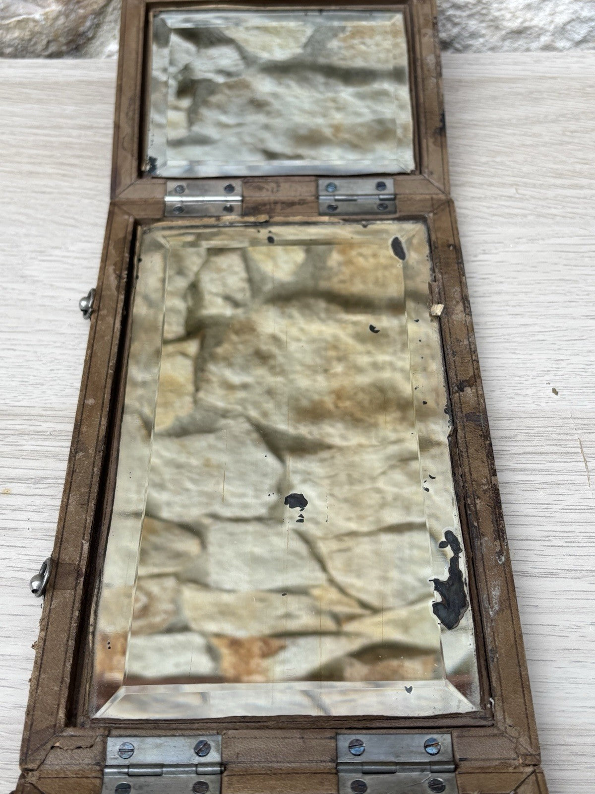 Specchio Trittico Da Barbiere Vintage In Legno Con Vetro Molato