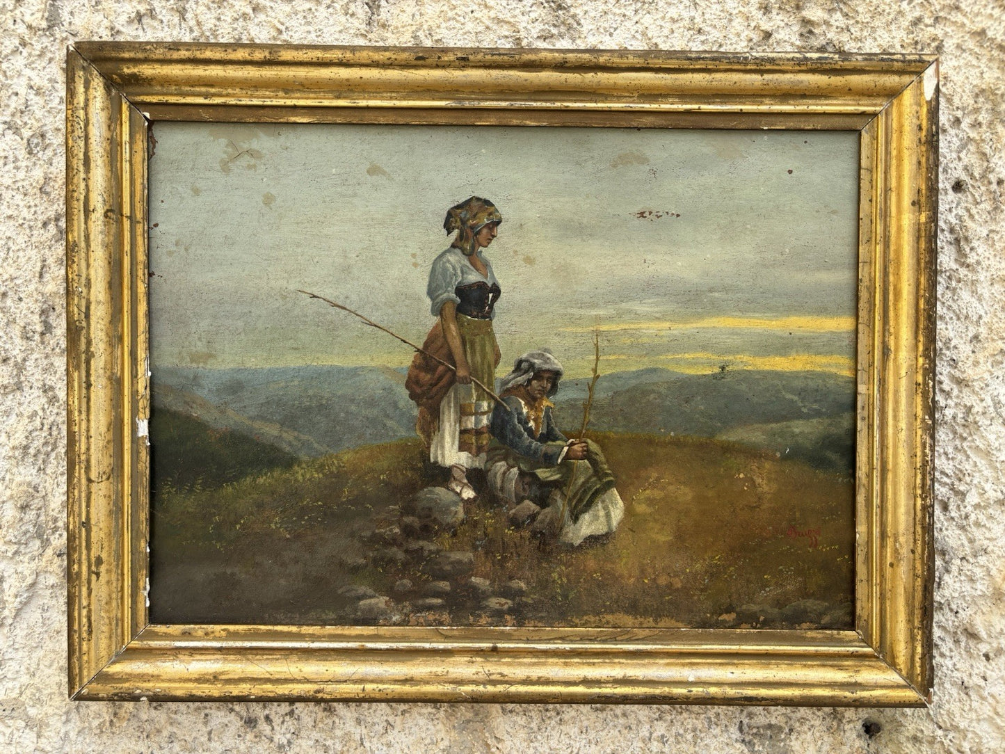 Quadro antico -Paesaggio Con Contadini- Stefano Bruzzi dipinto a olio