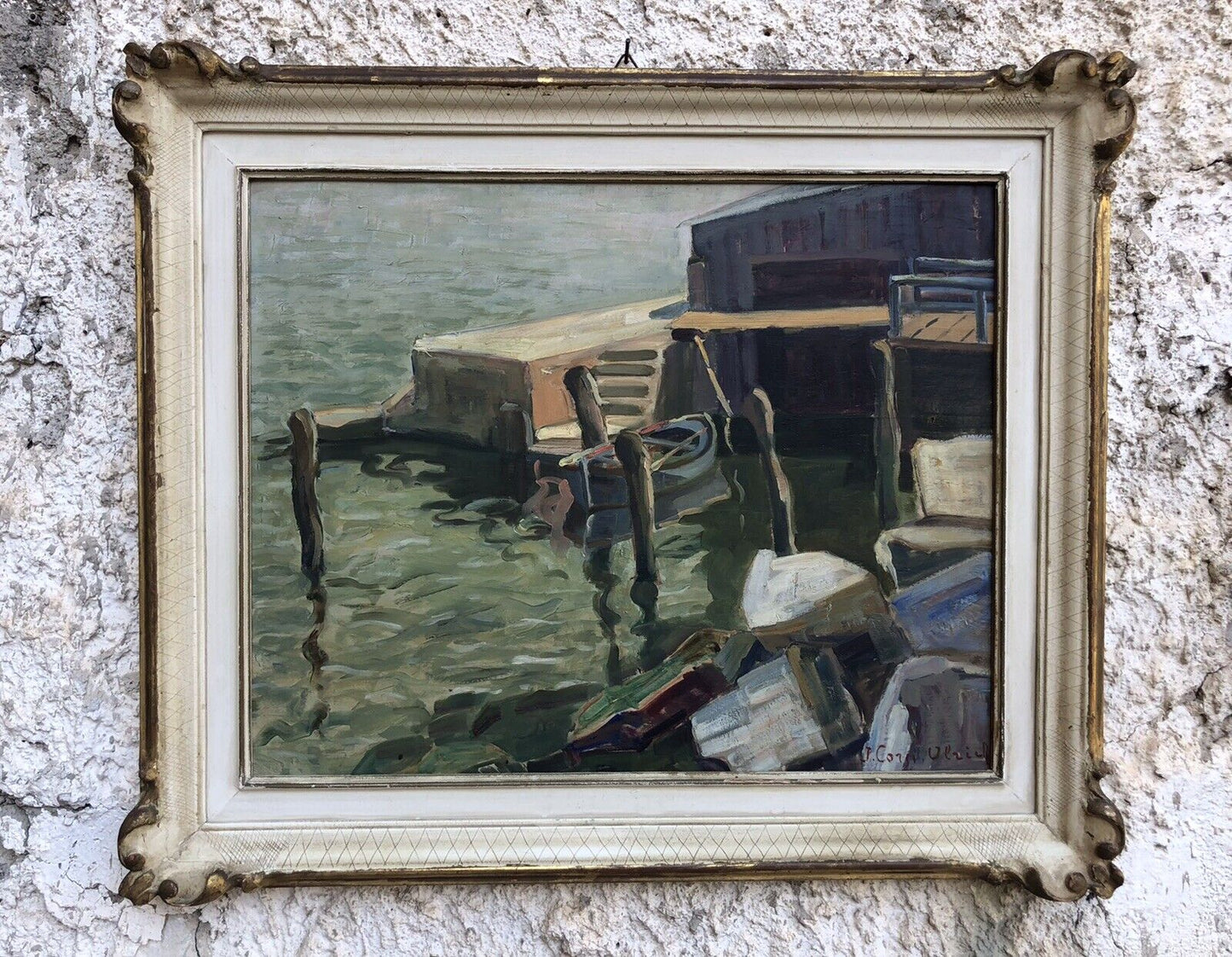 Quadro vintage francese -Barca Al Molo- dipinto a olio su tavoletta
