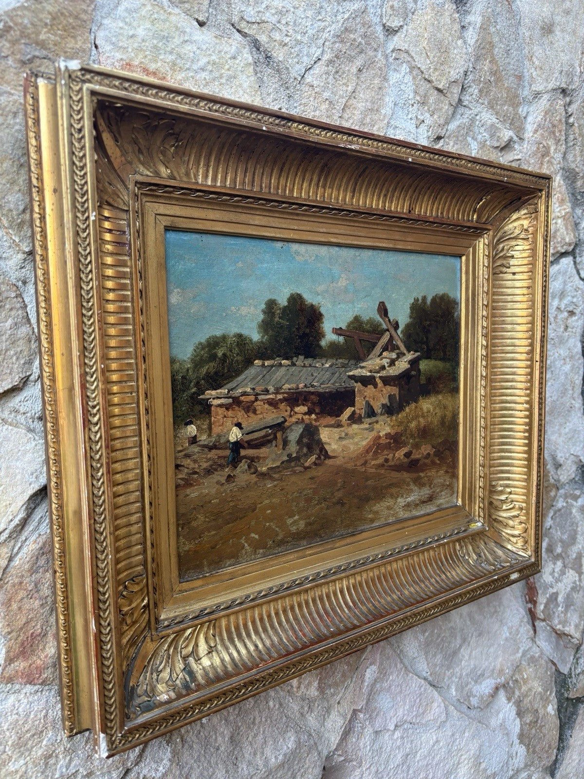 Quadro antico scuola francese -Paesaggio- dipinto a olio