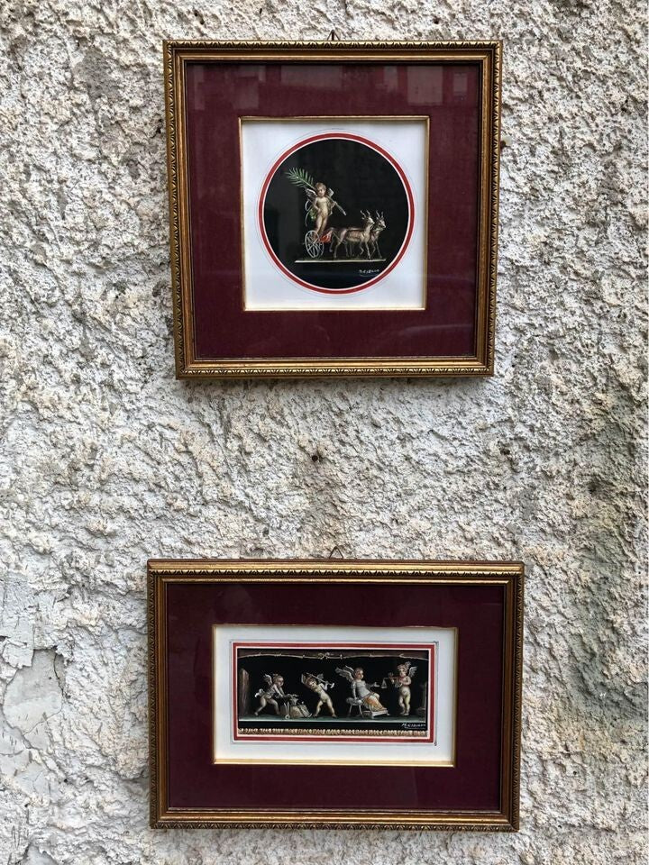 Coppia di quadri vintage “Puttini” dipinti ad acquerello su carta M.Cirillo