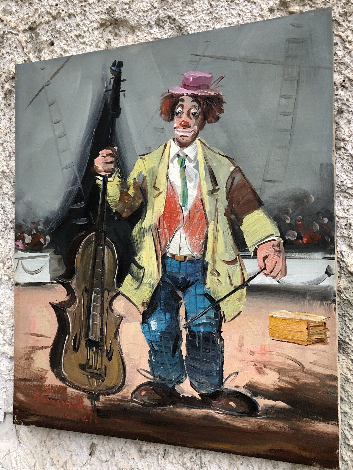 Quadro Vintage -Clown Al Circo- Dipinto A Olio Su Tela