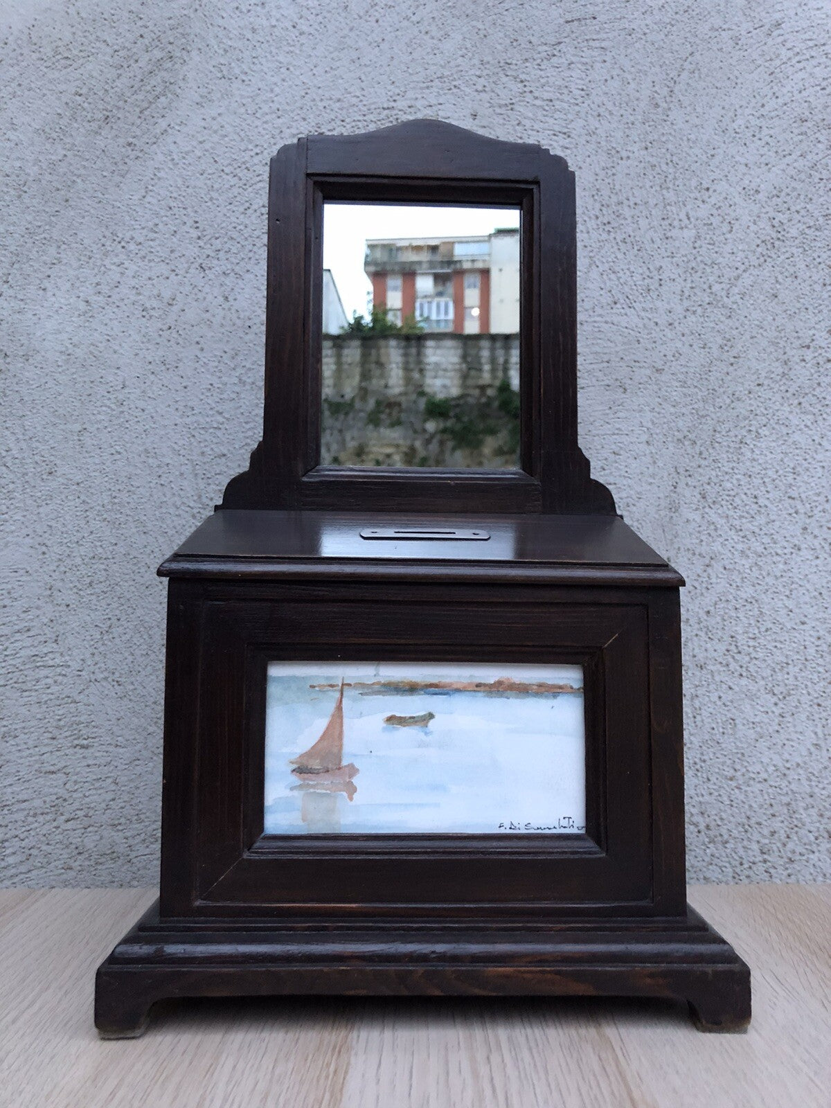 Specchiera in legno vintage con dipinto su cartoncino