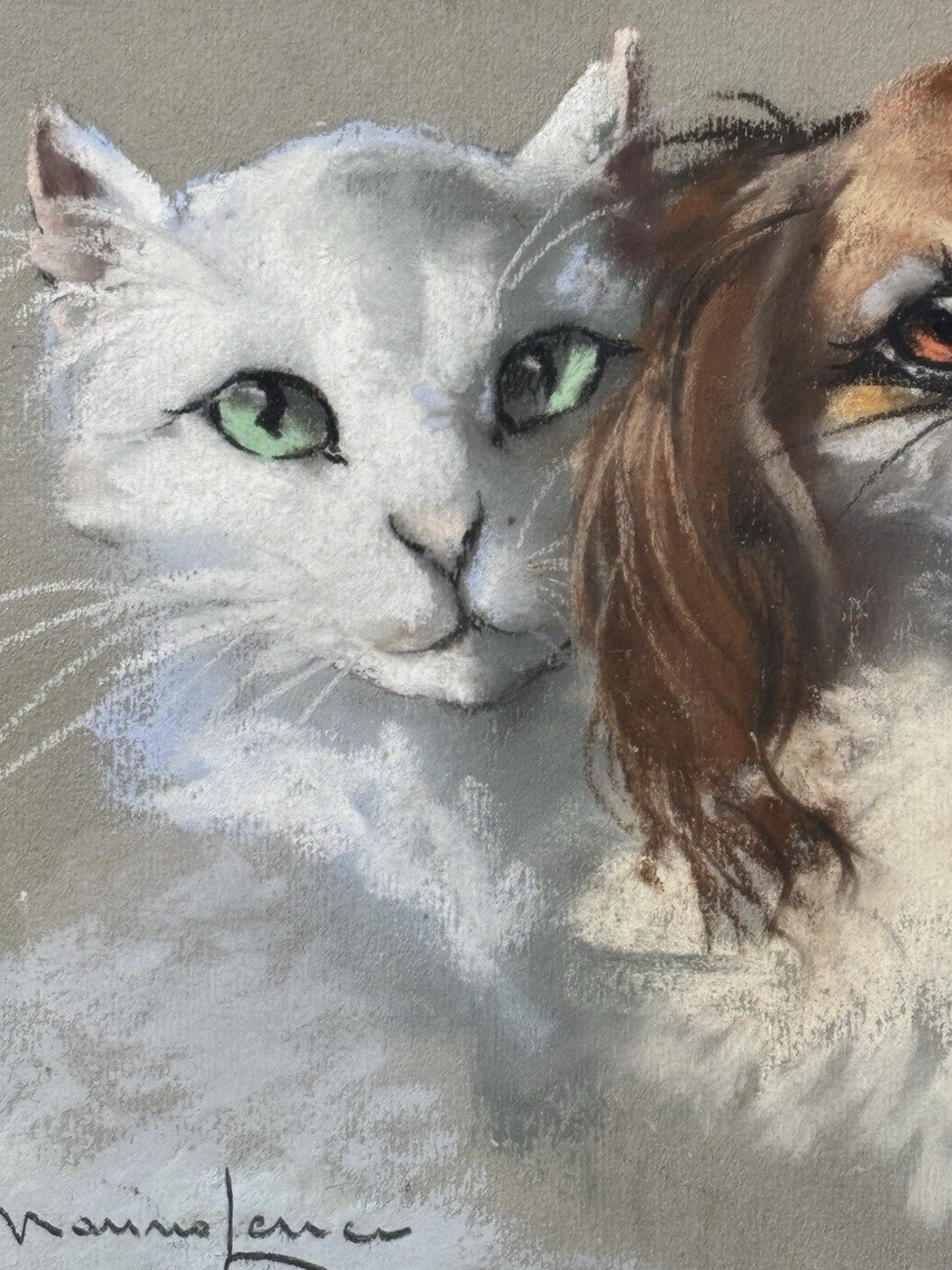 Quadro -Cane E Gatto- Marino Lenci realizzato a pastello su carta