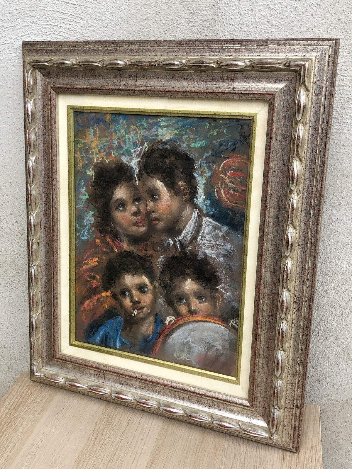 Quadro vintage -Figure Scugnizzi- realizzato a pastello su tavoletta