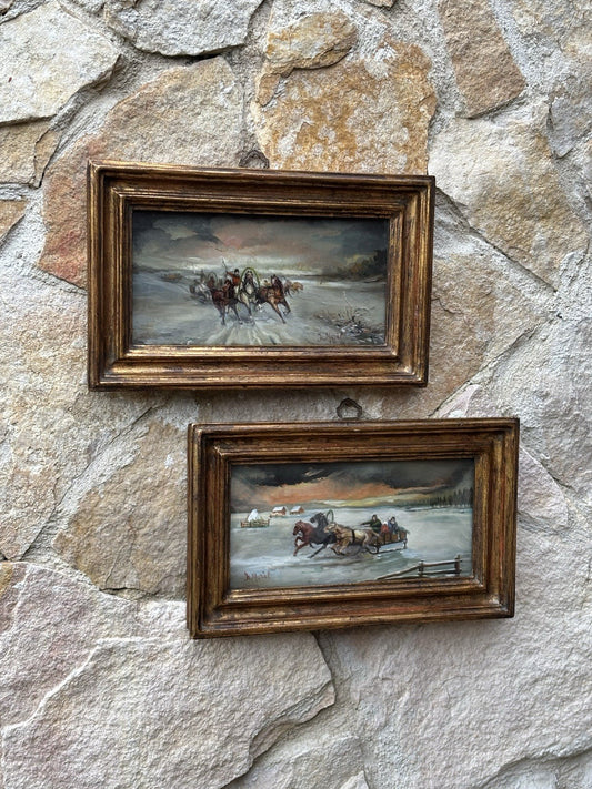 Coppia Di Quadri Vintage, Miniature Dipinte A Olio Su Rame