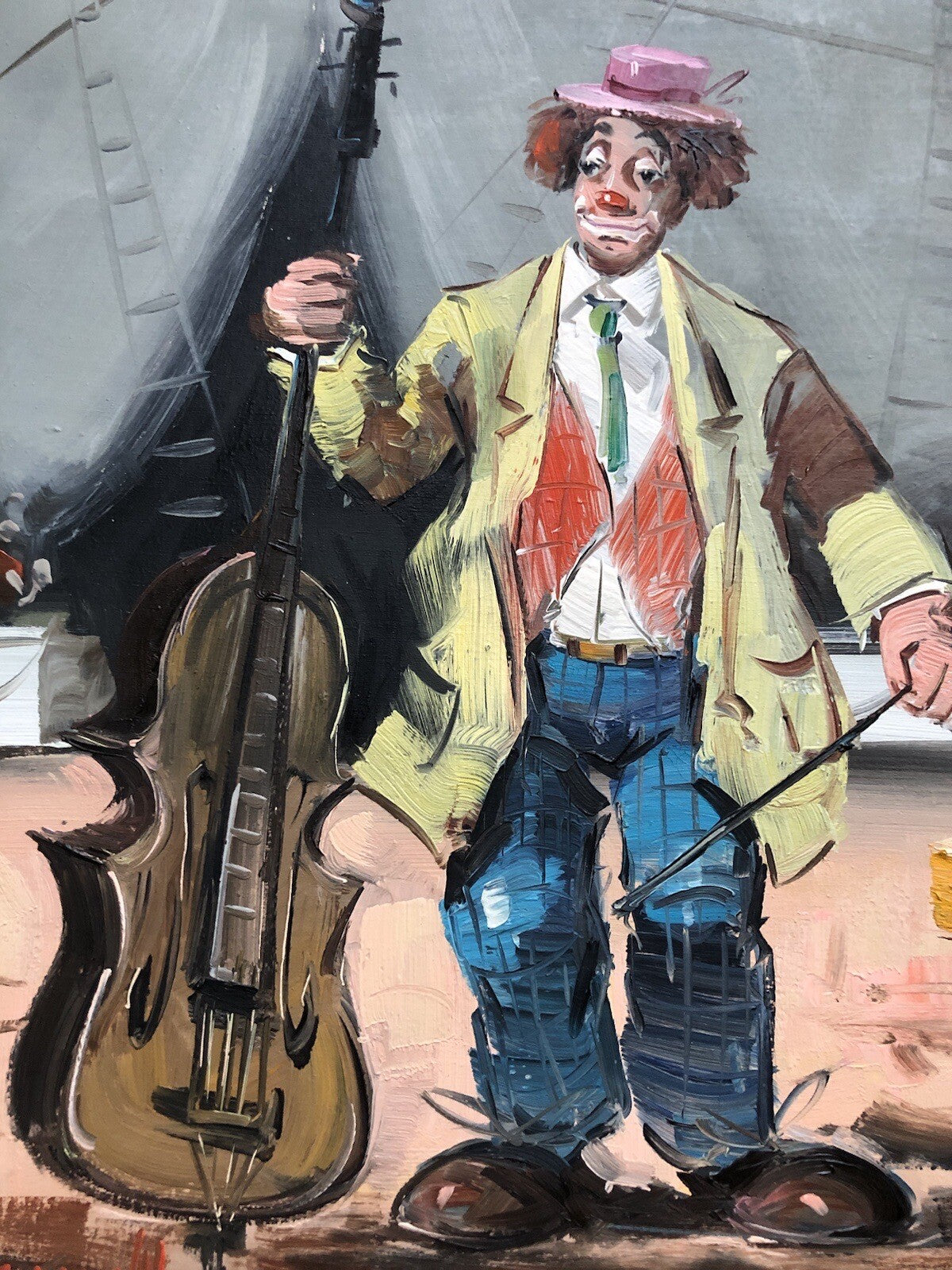 Quadro Vintage -Clown Al Circo- Dipinto A Olio Su Tela