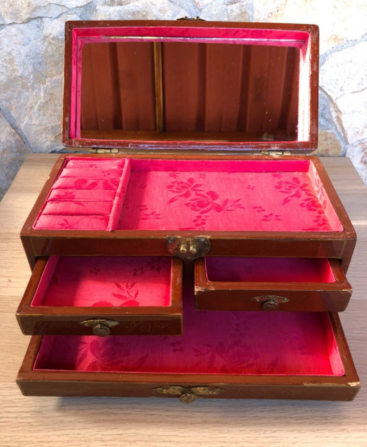 Scatola Orientale Portagioie Vintage In Legno Con Specchio Interno