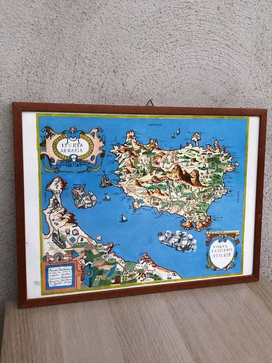 Mappa Vintage -Ischia Aenaria Antica- Dipinta Ad Acquerello E Tempera Su Carta