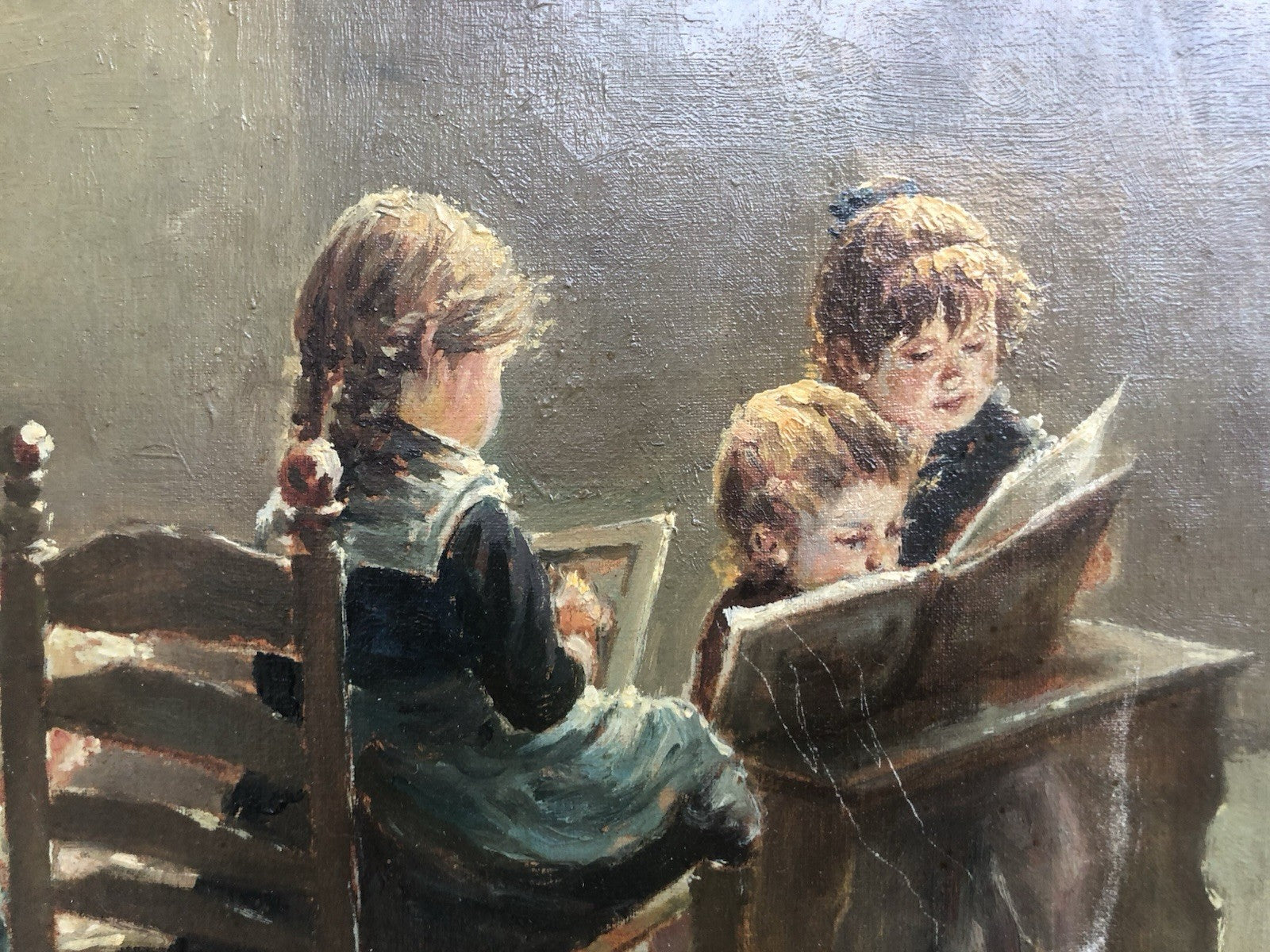 Quadro -Fanciulli In Lettura- dipinto a olio su tela