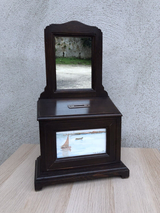 Specchiera in legno vintage con dipinto su cartoncino