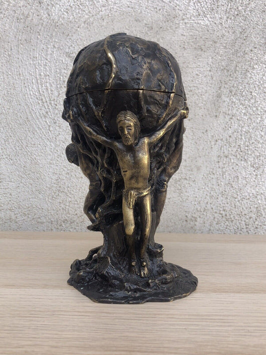 Scultura pisside in bronzo vintage, crocifissione Gesù Cristo