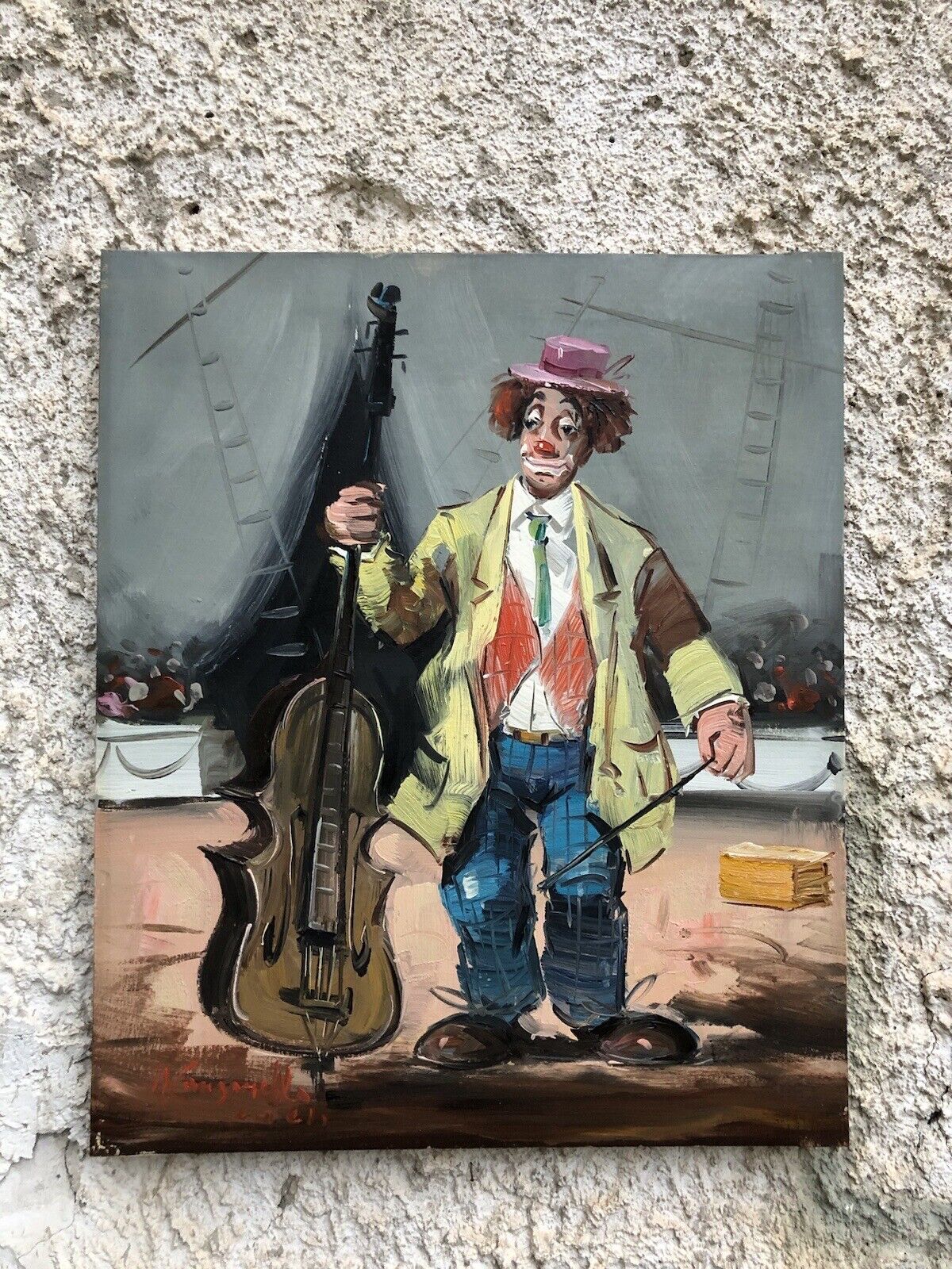 Quadro Vintage -Clown Al Circo- Dipinto A Olio Su Tela