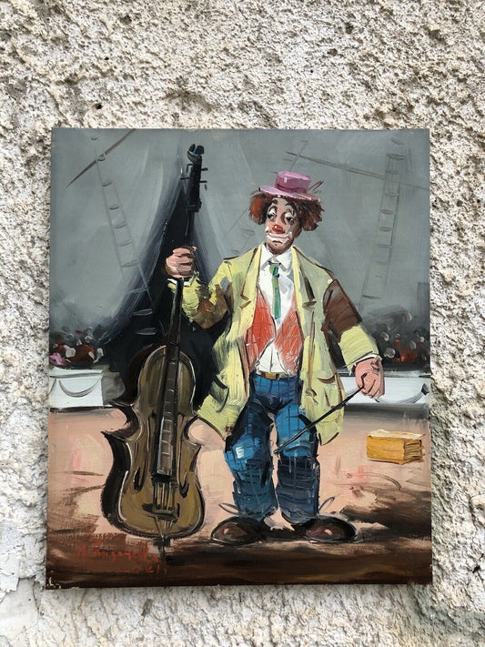 Quadro Vintage -Clown Al Circo- Dipinto A Olio Su Tela
