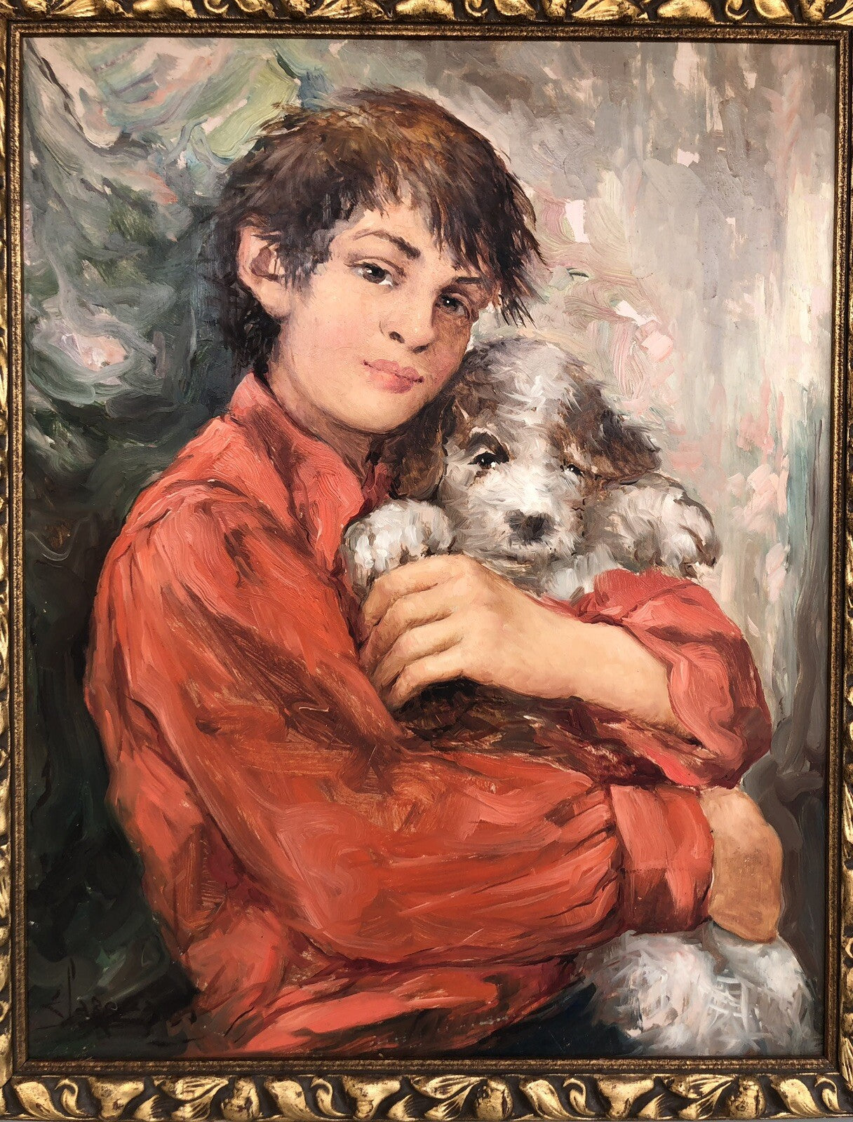 Quadro vintage -Fanciullo Con Cagnolino- dipinto a olio