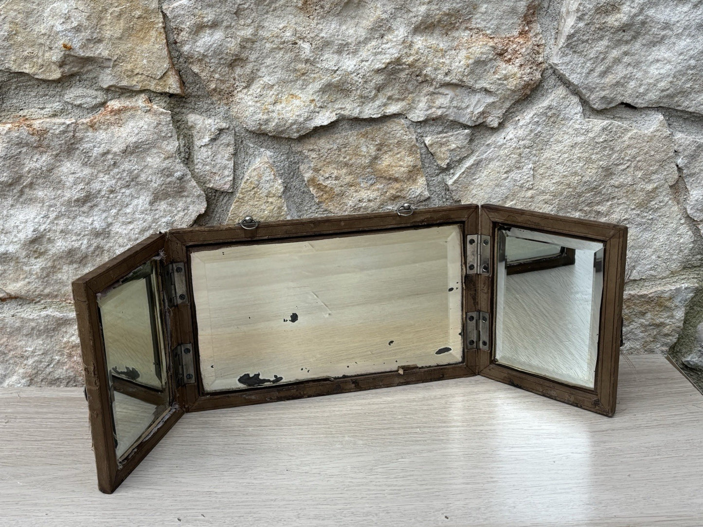 Specchio Trittico Da Barbiere Vintage In Legno Con Vetro Molato
