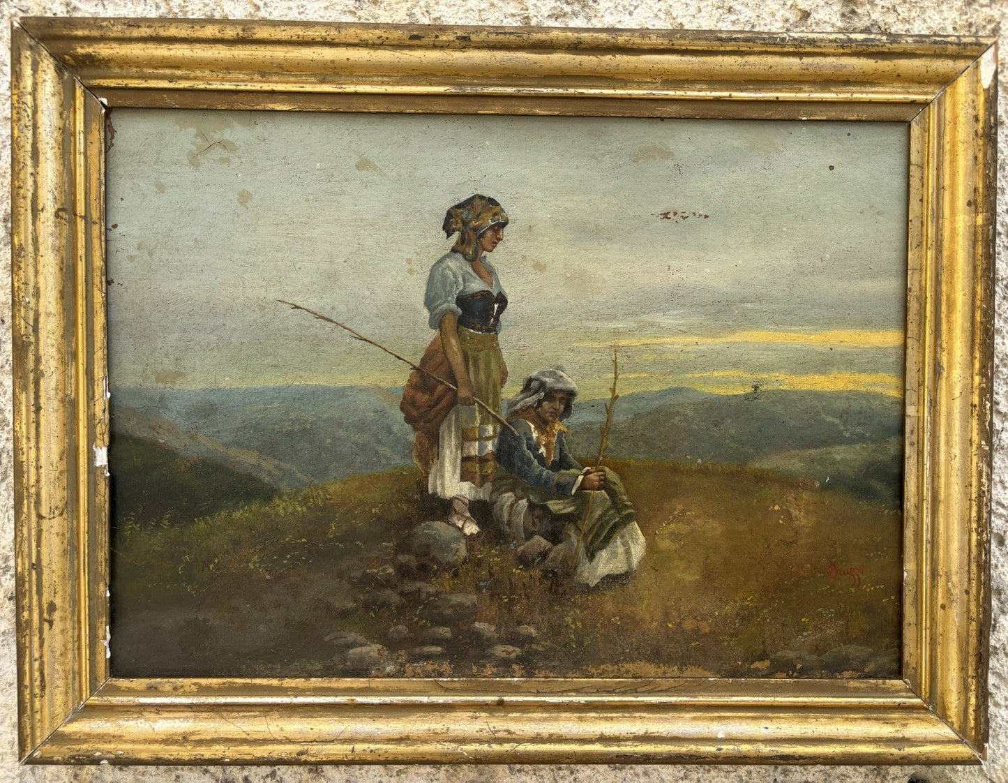 Quadro antico -Paesaggio Con Contadini- Stefano Bruzzi dipinto a olio