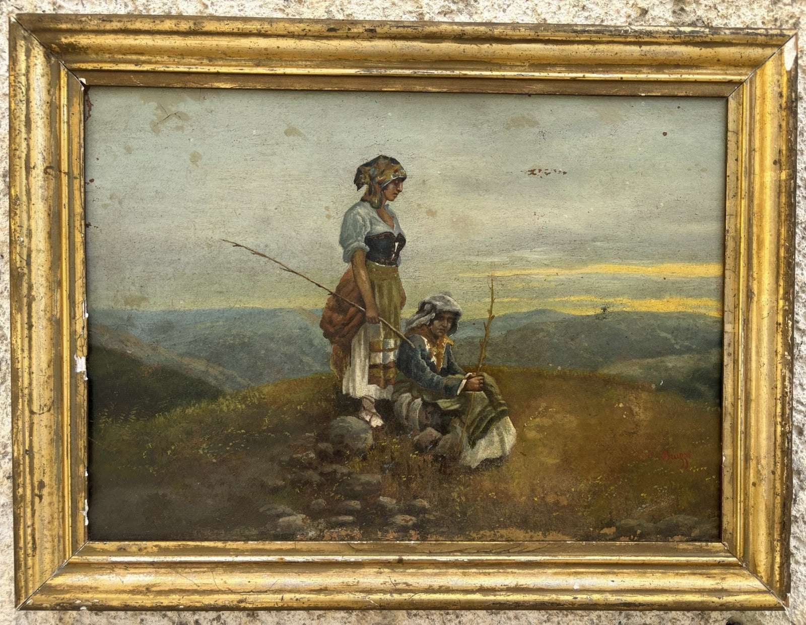 Quadro antico -Paesaggio Con Contadini- Stefano Bruzzi dipinto a olio