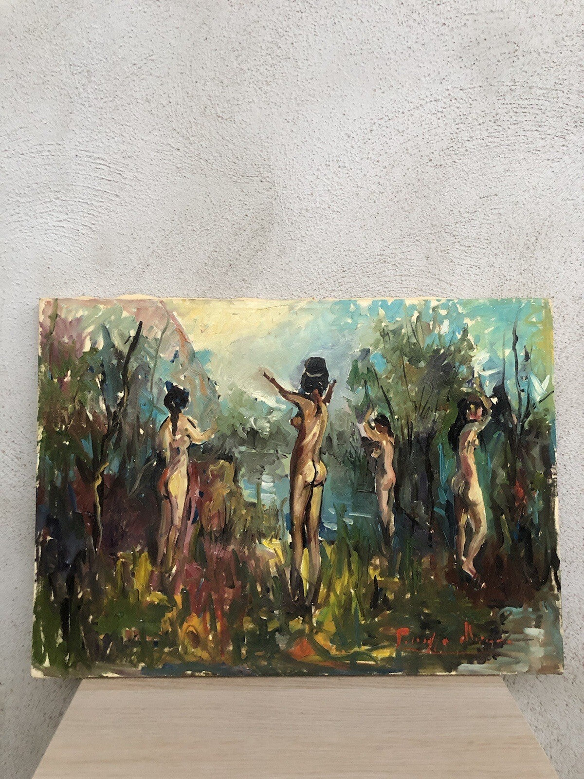 Quadro vintage -Bagnanti- dipinto a olio su tela
