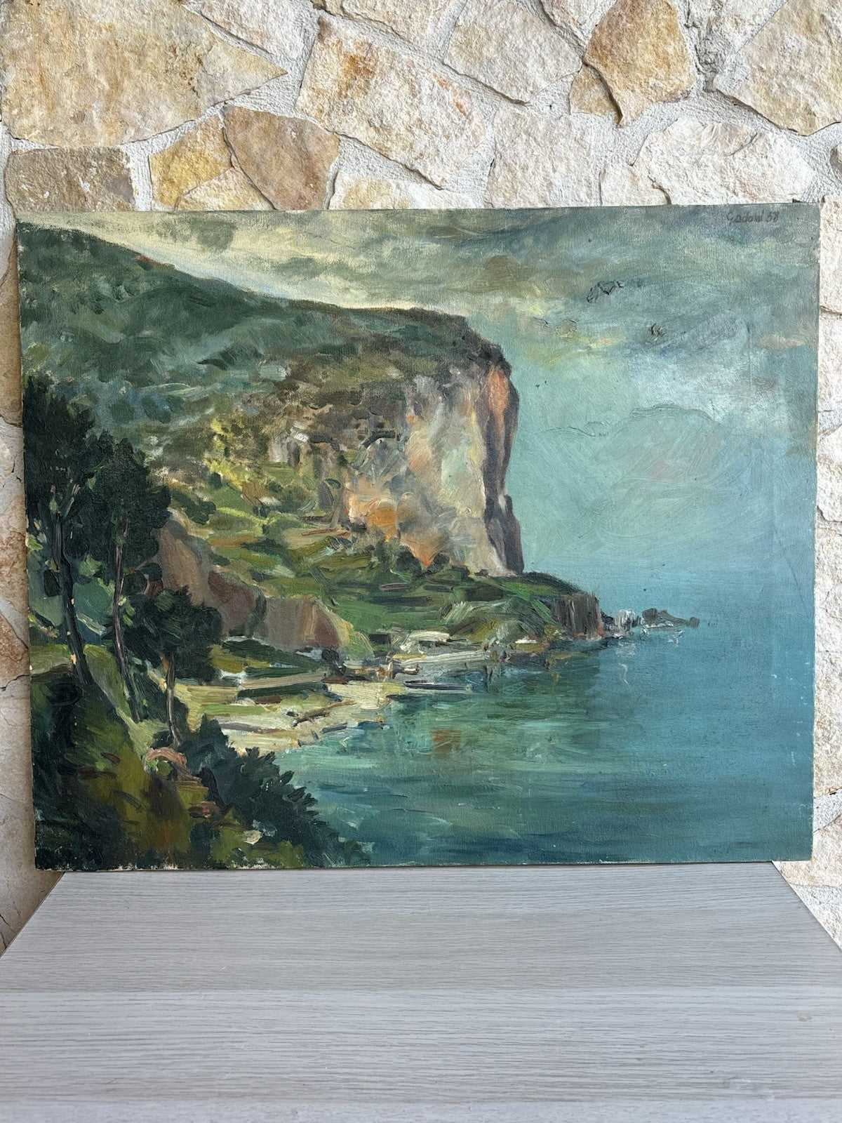 Quadro -Scogliera Con Marina- dipinto a olio su tela